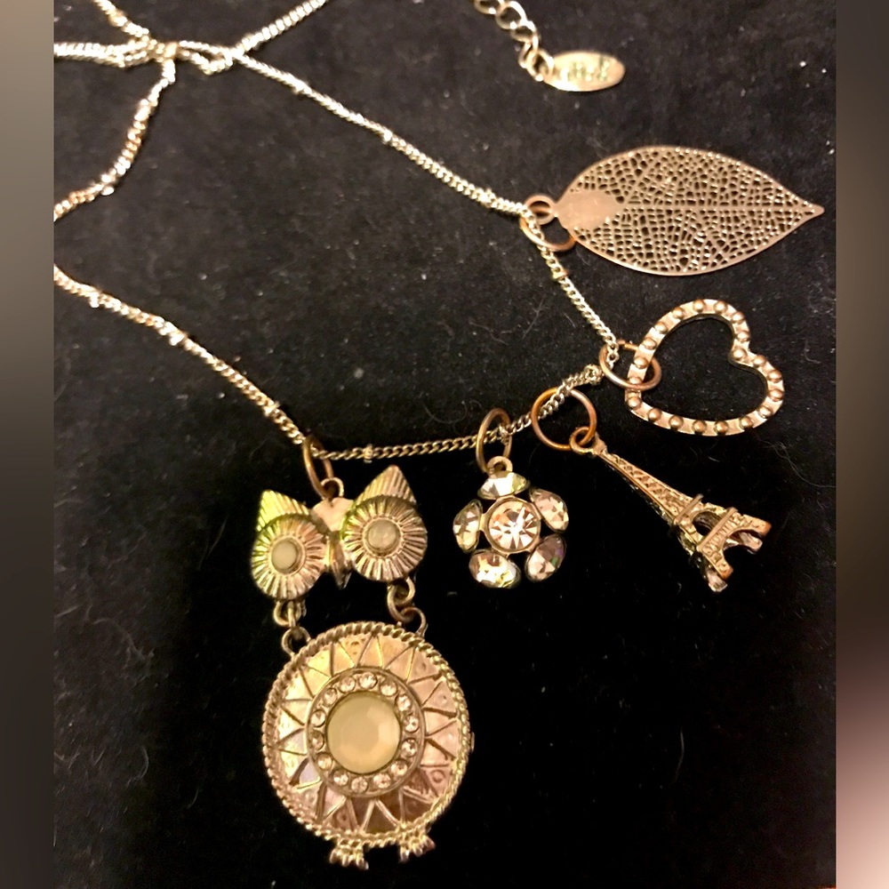 Vintage owl Eiffel tower heart leaf charm necklace